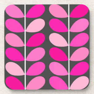 Mid Century Danish Leaves, Fuchsia Pink and Gray Beverage Coaster