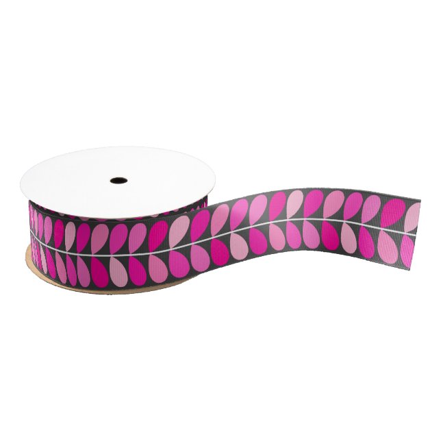 Mid Century Danish Leaves, Fuchsia Pink and Gray Grosgrain Ribbon (Spool)