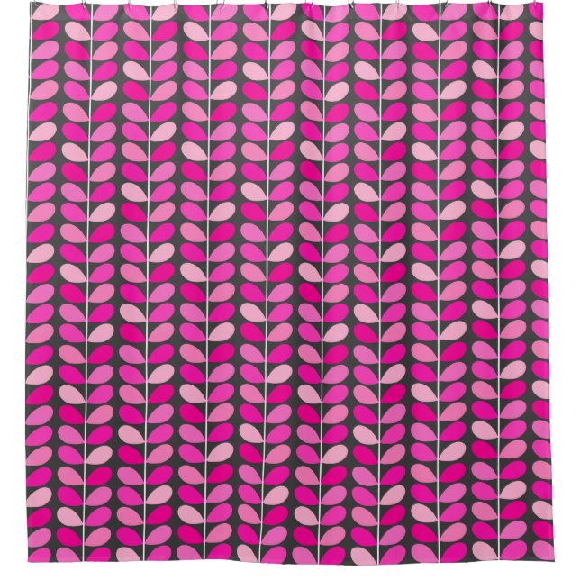 Mid Century Danish Leaves, Fuchsia Pink and Gray Shower Curtain (Front)