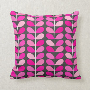 Mid Century Danish Leaves, Fuchsia Pink and Gray Throw Pillow
