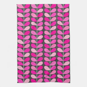 Mid Century Danish Leaves, Fuchsia Pink and Gray Towel