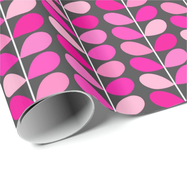 Mid Century Danish Leaves, Fuchsia Pink and Gray Wrapping Paper (Roll Corner)