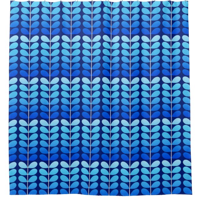 Mid Century Danish Leaves, Navy and Cobalt Blue Shower Curtain (Front)