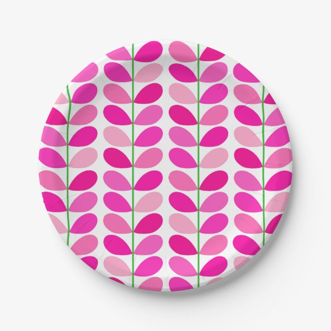 Mid Century Danish Leaves, Shades of Fuchsia Pink Paper Plates (Front)