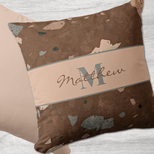 Mid-Century Dark Brown Terrazzo Pattern Office Throw Pillow