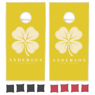 Mid-Century Dark Lemon Four Leaf Clover with Name Cornhole Set
