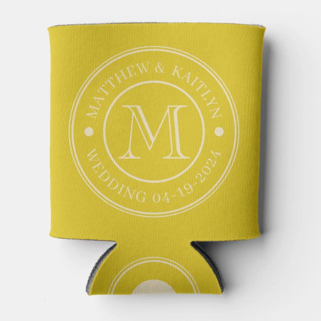 Mid-Century Dark Lemon Wedding Monogram Can Cooler (Front)
