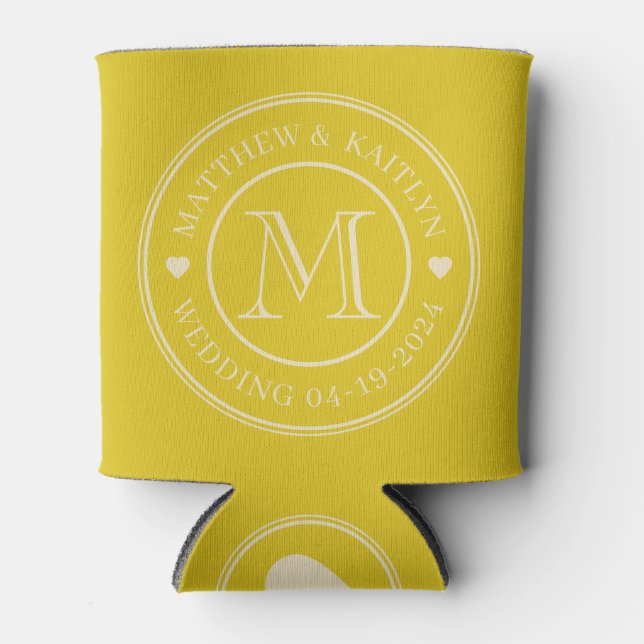Mid-Century Dark Lemon Wedding Monogram Heart Can Cooler (Front)