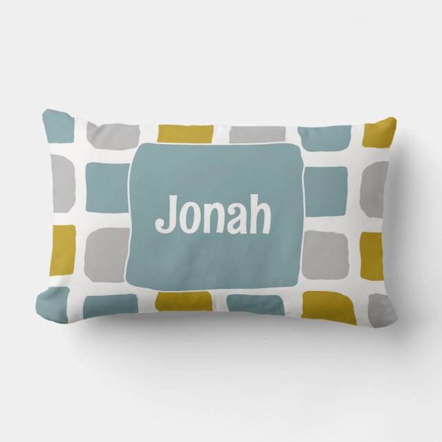 Mid Century Design for Boy with Name in Teal  Lumbar Pillow (Front)