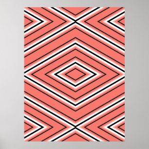 Mid Century Diamond Pattern Coral, Black and White Poster
