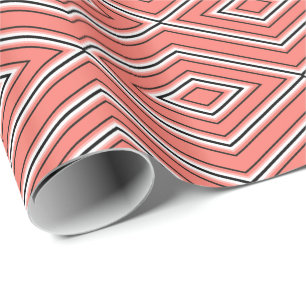 Mid Century Diamond Pattern Coral, Black and White Wrapping Paper