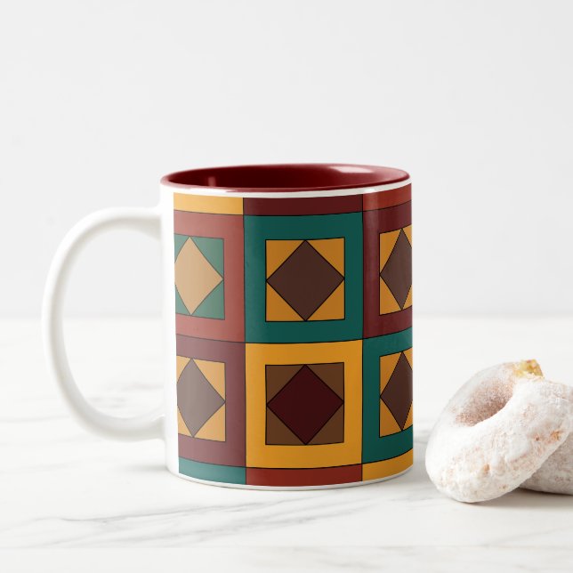 Mid Century Diamond Square Geometric Pattern Two-Tone Coffee Mug (With Donut)