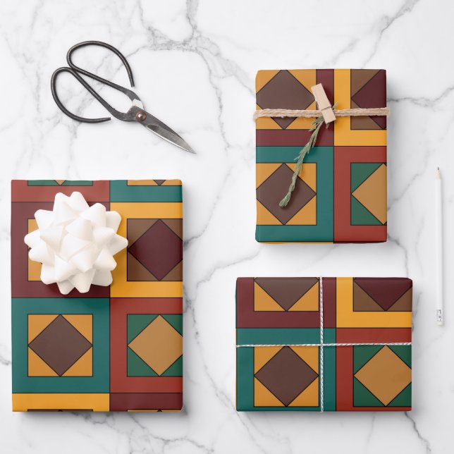 Mid Century Diamond Square Geometric Pattern Wrapping Paper Sheets (Front)