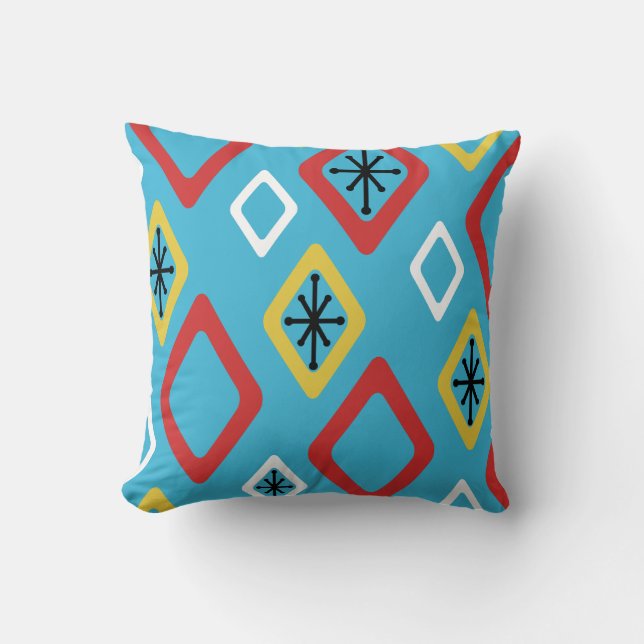 Mid Century Diamonds Blue Red Yellow Throw Pillow (Front)