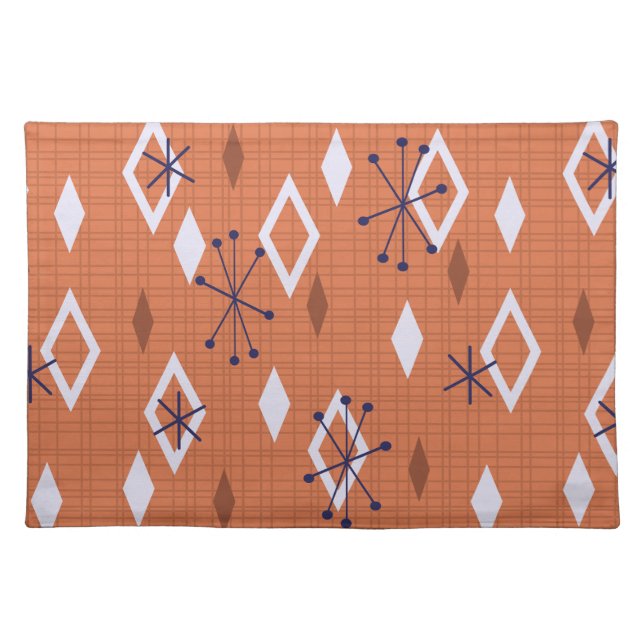 Mid Century Diamonds Starbursts Burnt Orange Cloth Placemat (Front)