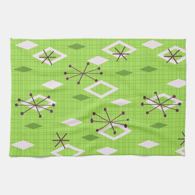 Mid Century Diamonds Starbursts Chartreuse Kitchen Towel (Horizontal)
