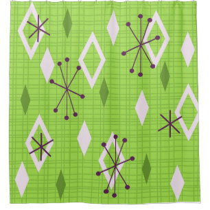 Mid Century Diamonds Starbursts Chartreuse Shower Curtain