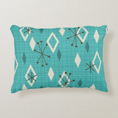 Mid Century Diamonds Starbursts Turquoise Accent Pillow