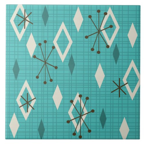 Mid Century Diamonds Starbursts Turquoise Ceramic Tile