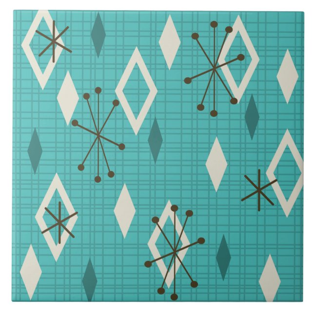 Mid Century Diamonds Starbursts Turquoise Ceramic Tile (Front)