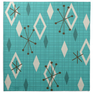 Mid Century Diamonds Starbursts Turquoise Cloth Napkin