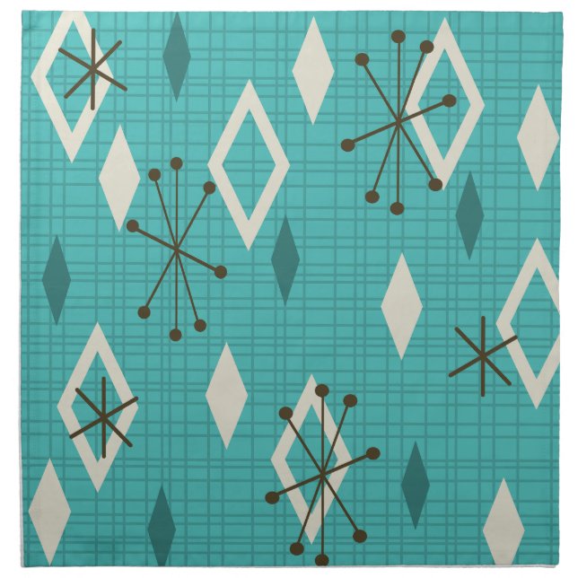 Mid Century Diamonds Starbursts Turquoise Cloth Napkin (Front)