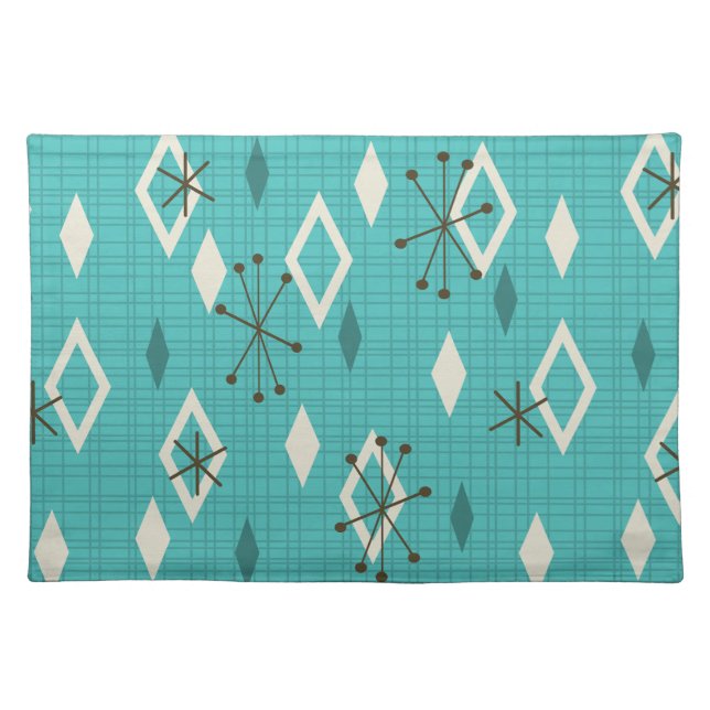 Mid Century Diamonds Starbursts Turquoise Cloth Placemat (Front)