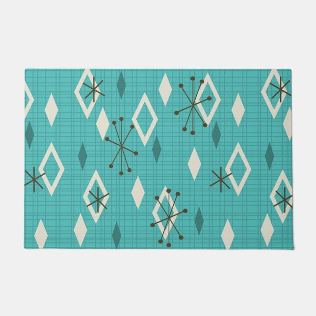 Mid Century Diamonds Starbursts Turquoise Doormat (Front)