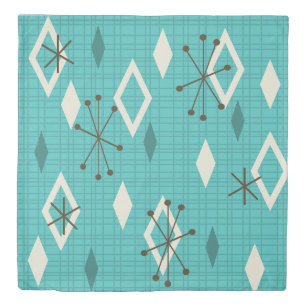 Mid Century Diamonds Starbursts Turquoise Duvet Cover
