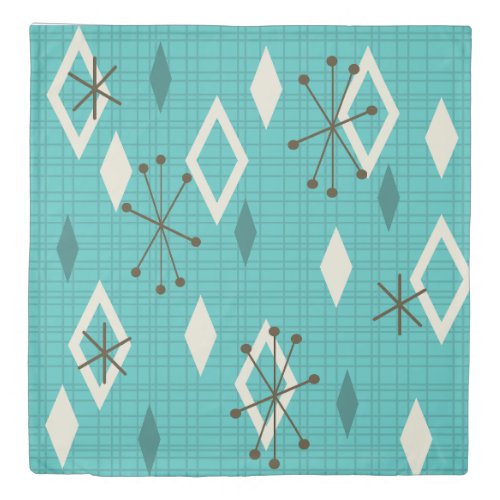 Mid Century Diamonds Starbursts Turquoise Duvet Cover