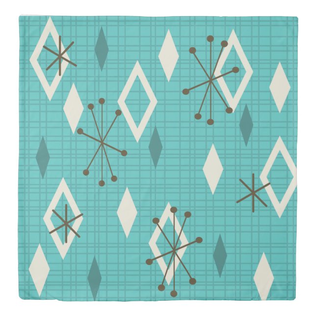 Mid Century Diamonds Starbursts Turquoise Duvet Cover (Front)