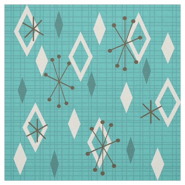 Mid Century Diamonds Starbursts Turquoise Fabric (Swatch)