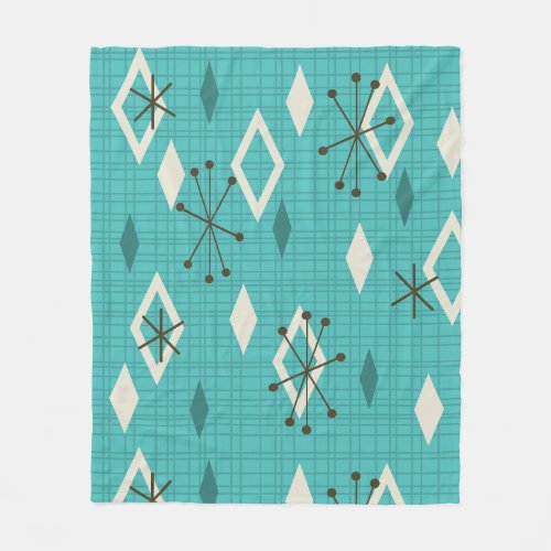 Mid Century Diamonds Starbursts Turquoise Fleece Blanket