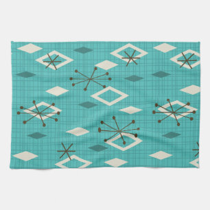 Mid Century Diamonds Starbursts Turquoise Kitchen Towel