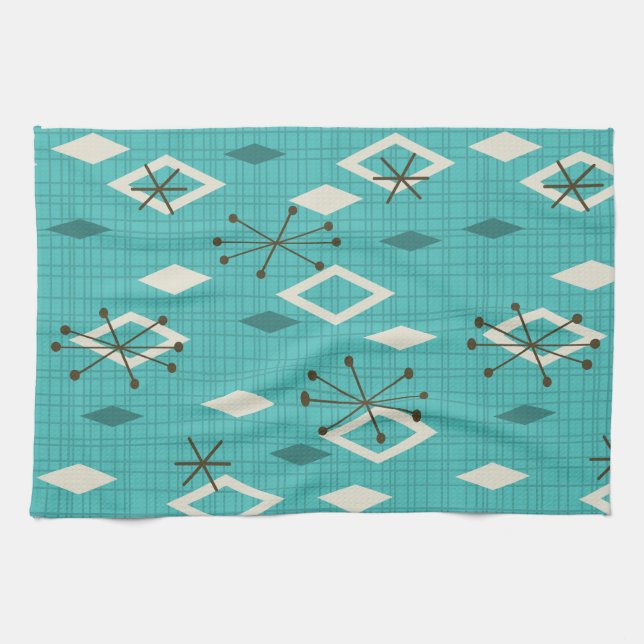 Mid Century Diamonds Starbursts Turquoise Kitchen Towel (Horizontal)