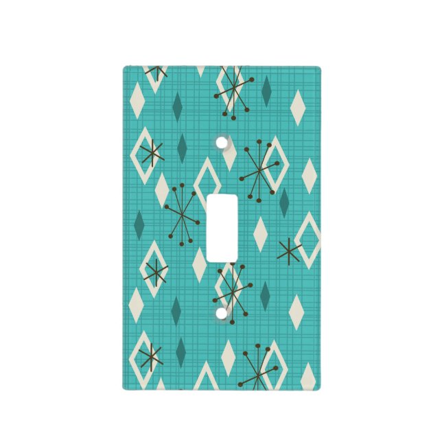 Mid Century Diamonds Starbursts Turquoise Light Switch Cover (Front)