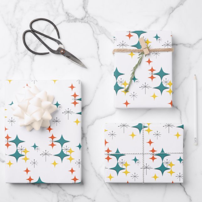 Mid Century Diamonds Starbursts Turquoise Orange Wrapping Paper Sheets (Front)