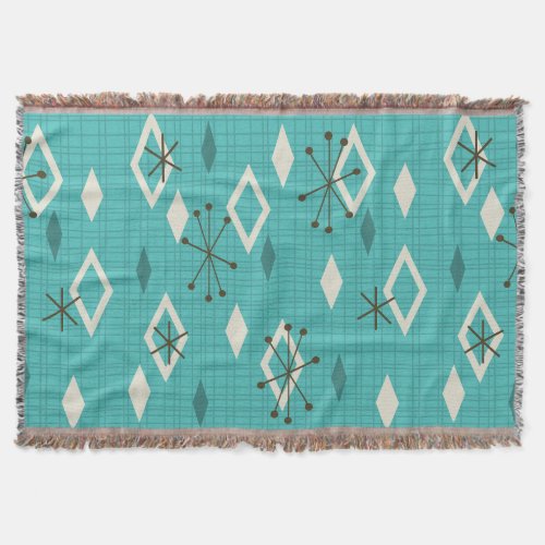 Mid Century Diamonds Starbursts Turquoise Throw Blanket