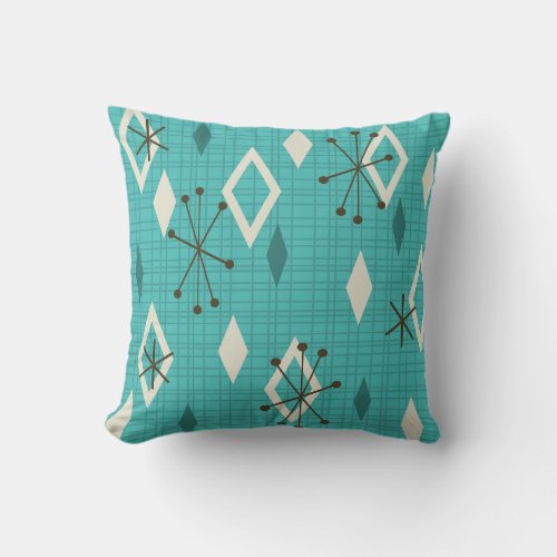 Mid Century Diamonds Starbursts Turquoise Throw Pillow