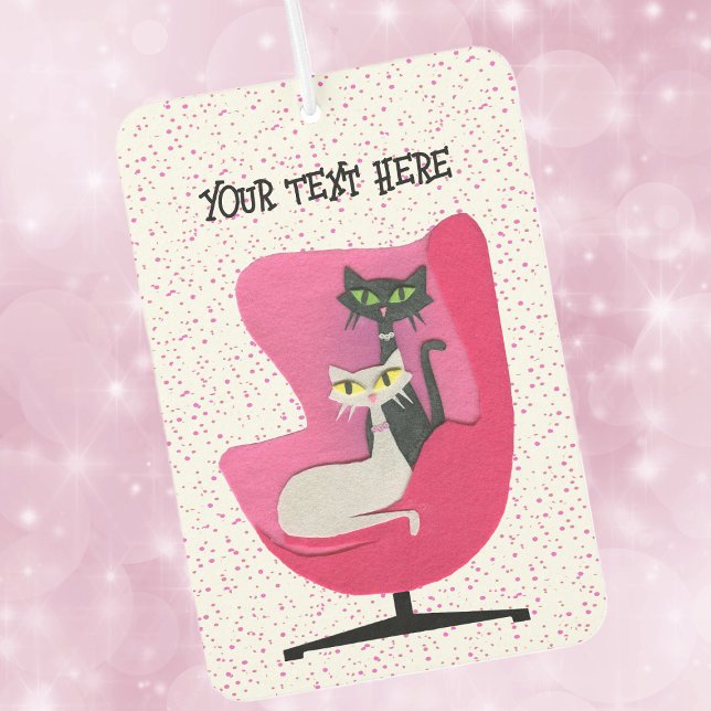 Mid Century Dimensional Look Cats Chair Pink Dots Air Freshener (Dimensional look cats in mid century pink chair on white with pink polka dotted car air freshener.)