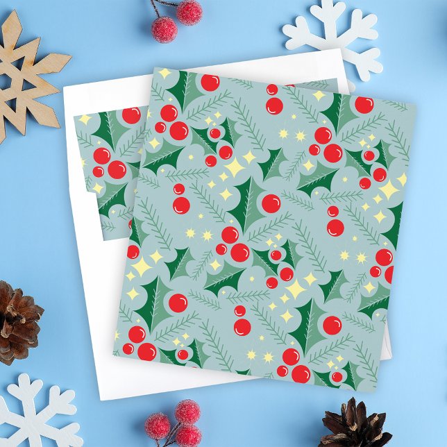 Mid Century Dusty Blue Holly Christmas Envelope Liner (Creator Uploaded)