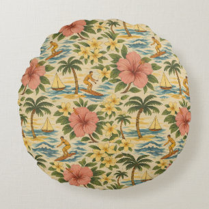 Mid Century Faded Hawaiian Shirt Print  Round Pillow