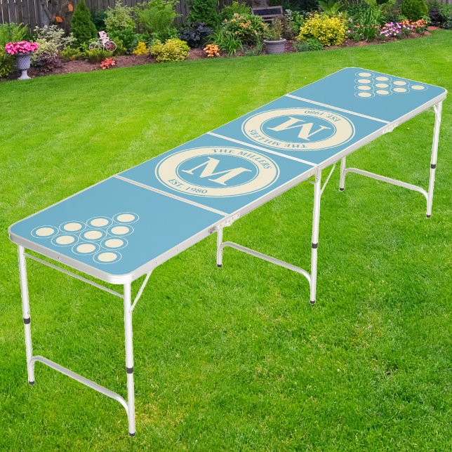 Mid-Century Family Monogram & Name Aqua Sky Beer Pong Table (Creator Uploaded)