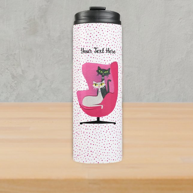 Mid Century Fancy Cats in Pink Chair Polka Dots Thermal Tumbler (Fancy mid century cats in pink chair on white with pink polka dots thermal drink bottle.)