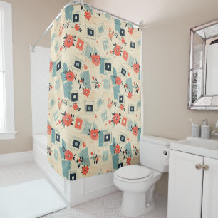 Mid Century Film Slide Coral Blue Floral Shower Curtain