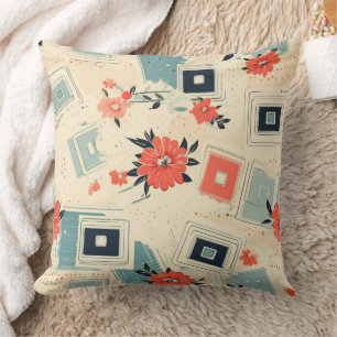 Mid Century Film Slide Coral Blue Floral Throw Pillow
