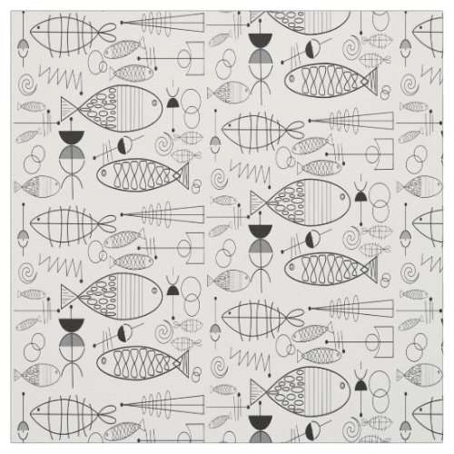 Mid_Century Fish Art Black and White Fabric