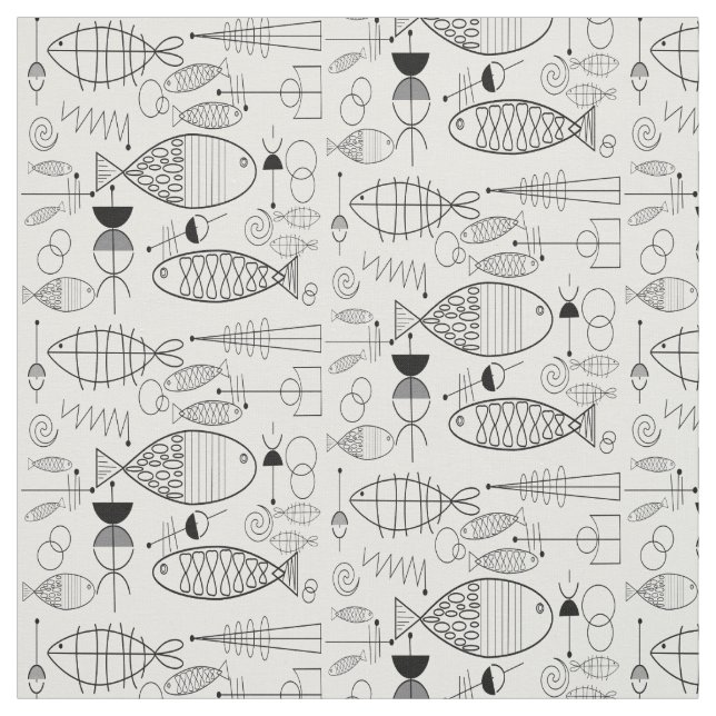 Mid-Century Fish Art Black and White Fabric (Swatch)
