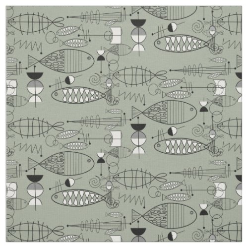 Mid_Century Fish Art Black White Green Fabric