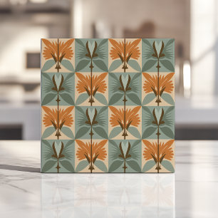 Mid-Century Floral Pattern in Orange and Blue Ceramic Tile